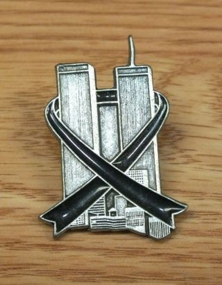 Silver Tone Pewter York Twin Towers 9/11 Never Forget Black Ribbon Pin
