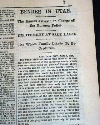 Bloody Benders Kansas Serial Killers John Arrested By Mormons ? 1874 Newspaper