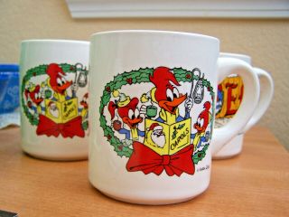 Rare Set Of 4 Vtg Woody Woodpecker Christmas Mugs / Cups Caroling,  Noel 2 Each