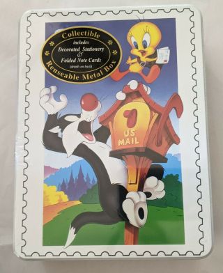 Vintage Metal Box Warner Bros Looney Tunes Sylvester And Tweety Stationary 1998
