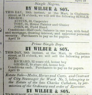 Rare 1860 Charleston South Carolina Newspaper With 2 Ads Named Slaves