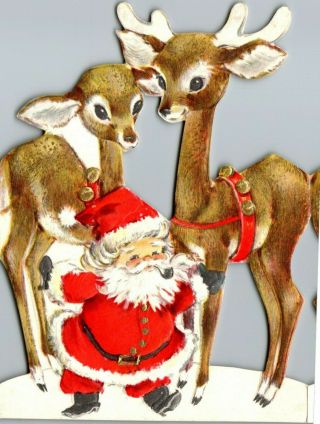 Extra Long Diecut Santa Claus Reindeer Deer Vtg Christmas Greeting Card