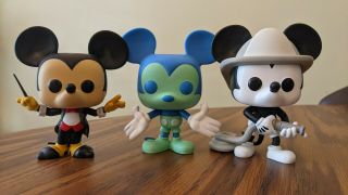 3 Mickey Mouse Funko Pops: Firefighter,  Blue And Green (limited Ed. ),  Conductor