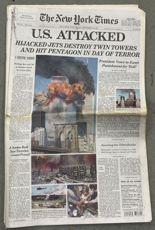 September 12,  2001 York Times 9/11 Newspaper U.  S.  Attacked
