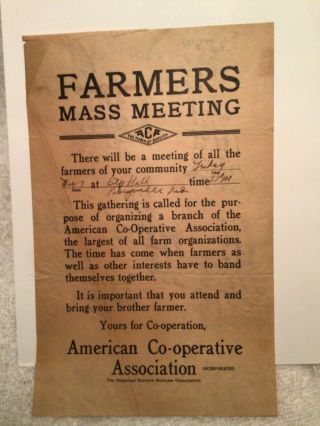 1926 Poster Advertises Mass Meeting Of Farmers In Posey County In To Form Co - Op