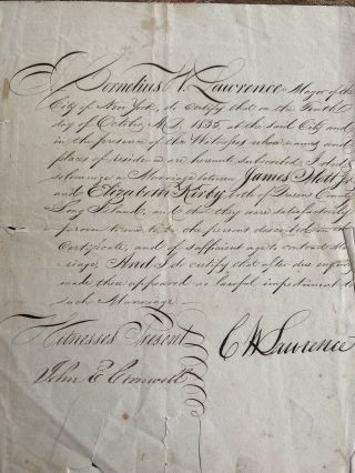 1835 Elizabeth Kirby Marriage Certificate Signed By Cornelius Lawrence,  Ny Mayor