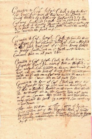 1731,  Medfield,  Mass; Jonathan Plympton,  Town Clerk,  Land Sales,  Clarks,  Signed