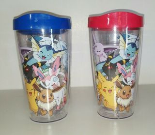 2 Pokemon Pikachu Eevee Evolutions Tumblers 16 Oz Insulated Plastic Bpa