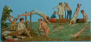 Qualityantique Chromo Embos Victorian Scrap Boys Having Fun Swimming 14.  5x6.  5cm