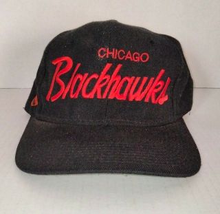 Vtg 90s Chicago Blackhawks Sports Specialties Script Snapback Hat Nhl