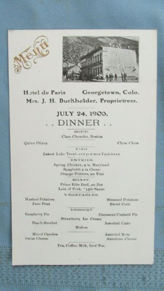 1903 Georgetown Colorado Hotel De Paris Hard Stock Dinner Menu - Photo - Gold Gilt