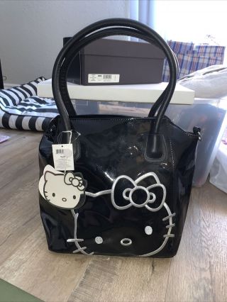 Nwt Sanrio Hello Kitty Black Vinyl Tote Bag Purse