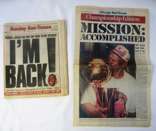 Two (2) Michael Jordan Chicago Sun - Times Newspapers March 19 1995,  June 18 1996