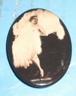 Old Celluloid Pin Button Advertising Fan Dancer Stage Performer Rudith Williams