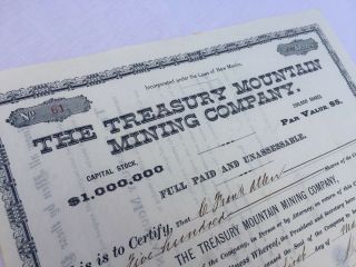 Stock Certificate Treasury Mountain Mining Co 1885 Ef - 118 Y