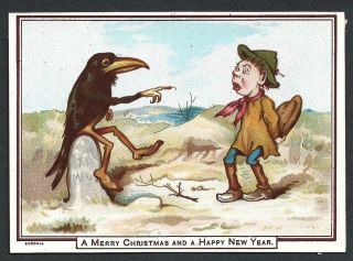R26 - Anthro Crow Talking To Man Hiding Pie - Goodall - Victorian Xmas Card
