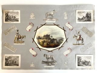 Large Antique Regency Scrapbook Page,  Landscape Military Animals,  19th Century