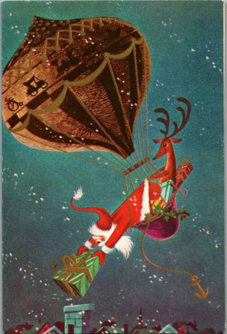 Mcm Santa Claus Reindeer Deer Hot Air Balloon Ride Vtg Christmas Greeting Card