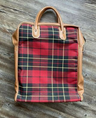 Vintage Thermos Brand Red Plaid Fabric Faux Leather Zip Lunch Bag With Lunch Box