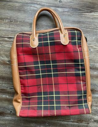 VINTAGE Thermos Brand RED PLAID Fabric Faux Leather Zip Lunch Bag with Lunch Box 2