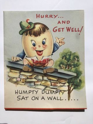 Vintage 1950s Pop Up Get Well Greeting Card W/ Humpty Dumpty