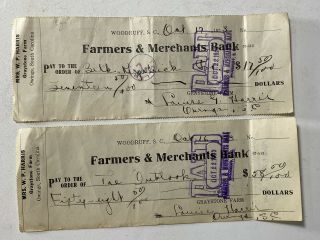 2 Farmers & Merchants Bank Woodruff,  Sc Checks Graystone Farm Owings,  Sc 1923