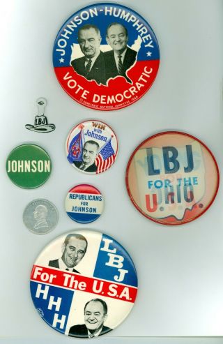 6 Vtg.  1964 President Lyndon Johnson Campaign Pinback Buttons,  Tab & Token - Hhh