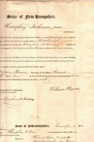1812,  Gov.  William Plumer,  Hampshire,  Samuel Sparhawk,  signed appointment 2