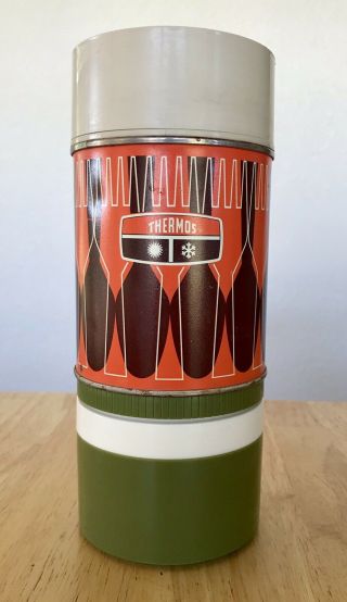 1971 Vintage Retro Orange Brown Spoon Design Green 10 Oz Double Thermos 7063