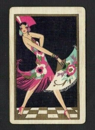 1 Swap Playing Card Art Deco Lady Dancing Flameno Fan Pink True Art Deco :)