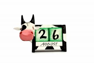 Wooden Perpetual Cow Calendar Desk Handmade Removable Block Gift Decor Carved
