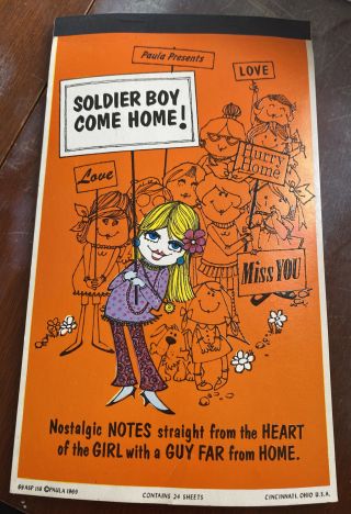 Vintage Paula Presents Soldier Boy Come Home Note Pad 1969 24 Sheets (g)