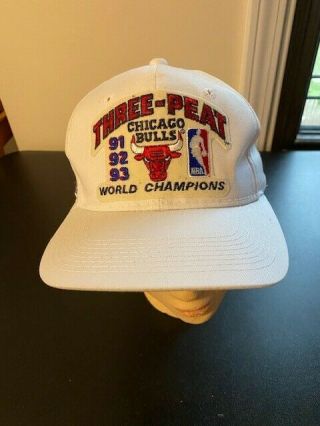 Vintage Chicago Bulls 3 Three Peat 91 92 93 Nba World Champions White Hat