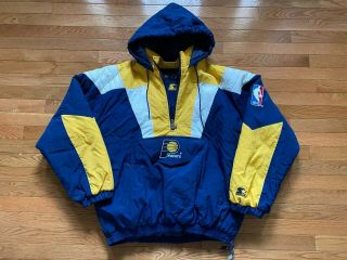 Rare Vtg 90s Indiana Pacers Starter Puffer Pullover Coat Pouch Jacket Sz Xl Euc