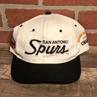 Vtg Sports Specialties San Antonio Spurs Script White Black Basketball Nba Hat