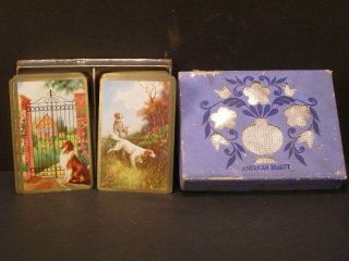 Antique Double Deck " Amerian Beauty " Poker Card Game Dog Children Playing School