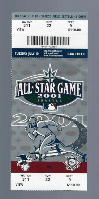 Cal Ripken Jr Mvp - 2001 Mlb Baseball All - Star Game Full Ticket @ Seattle