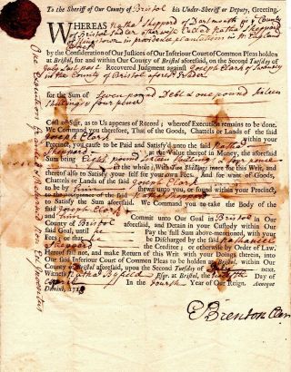1718,  Bristol,  Mass; Ebenezer Brenton,  Signed Warrants,  Charles Church