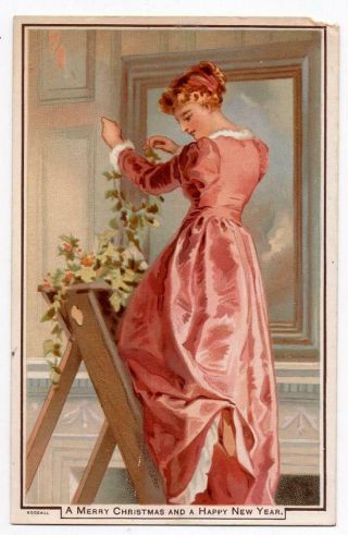 Victorian 1881 Xmas Card Lady On Ladder Hanging Decorations Pub 