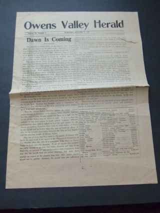 Very Rare Owens Valley Herald September 7,  1927 Glasscock Bishop Inyo California