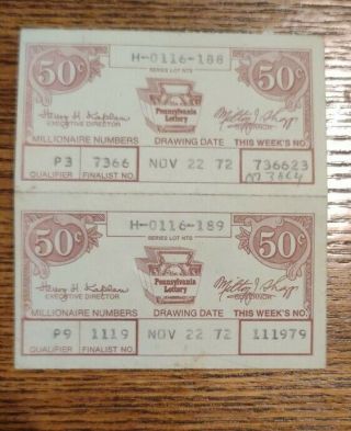 Set Of 2 Vintage Pennsylvania Pa Lottery Drawing Tickets November 22,  1972