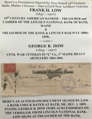 Civil War 1st Maine Heavy Artillery Banker Bath Me Low&dow Document Signed Check