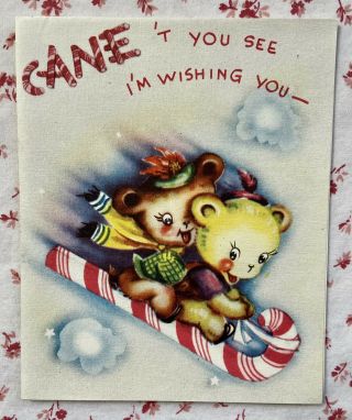 Vintage 1940s Christmas Cute Teddy Bears Candy Cane Sled Greeting Card