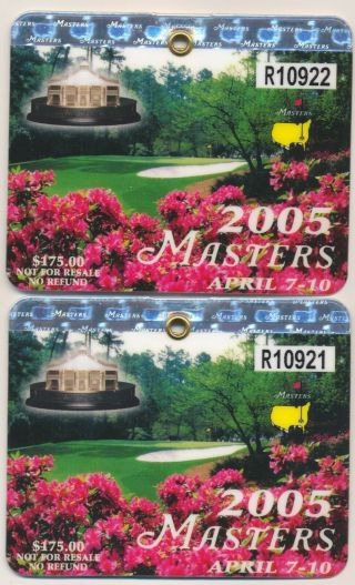 2005 Masters 2 Badge Ticket Augusta National Golf Club Tiger Woods Wins