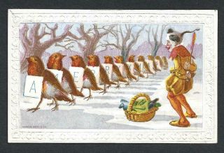 R76 - Clown And Row Of Robins - Marcus Ward - Victorian Xmas Card - Emb.  Edges