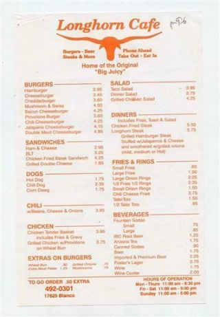 Longhorn Cafe Menu Blanco San Antonio Texas Home Of The Big Juicy 1996