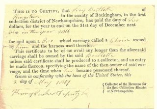 Hampshire Dr Levi Bartlett Receipt For Payment Of Carriage Tax 1817