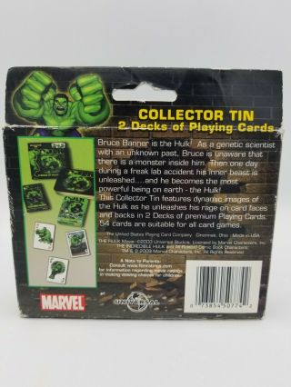 The Incredible Hulk Bicycle Playing Cards with Collector Tin Marvel 2003 2