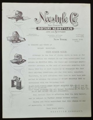 Illus Letterhead For Price Advance From Neostyle Co - York 1913