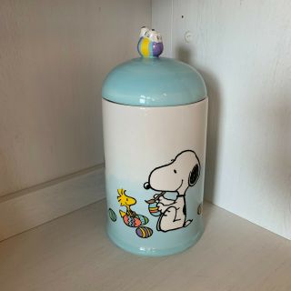 Peanuts Snoopy & Woodstock Blue Easter Cookie Jar Canister W.  Easter Egg On Lid